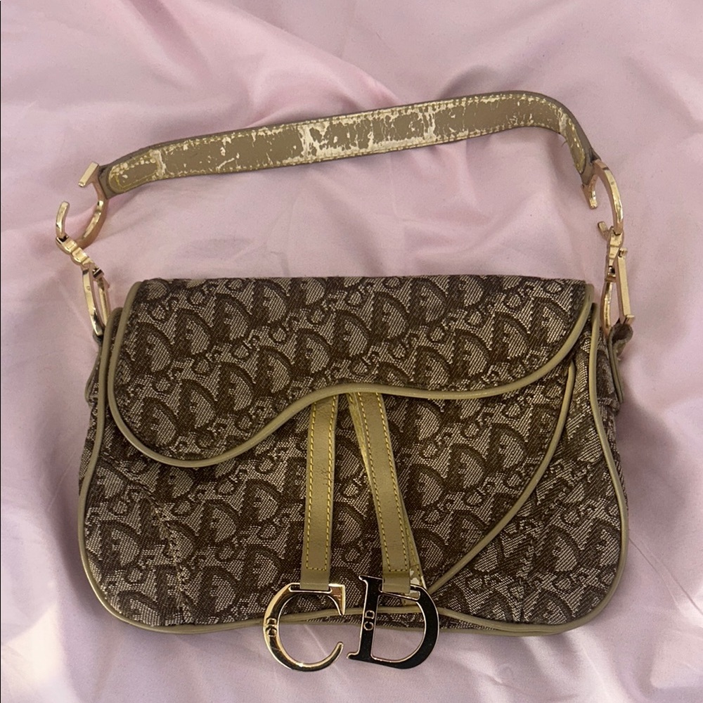 Christian Dior Monogram double Saddle Bag GOLD VINTAGE RARE